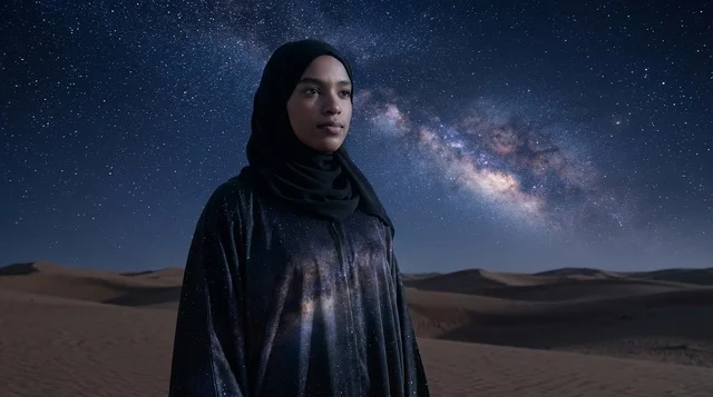 امرأة عربية بالعباءة تحت درب التبانة في الصحراء ليلاً
