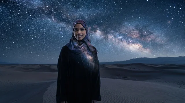 Saudi Woman in Desert Under Milky Way Night Sky