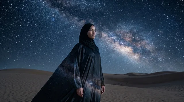 امرأة إماراتية بالعباءة تحت مجرة درب التبانة ليلاً