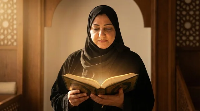 Emirati Woman Reading Quran with Glowing Light