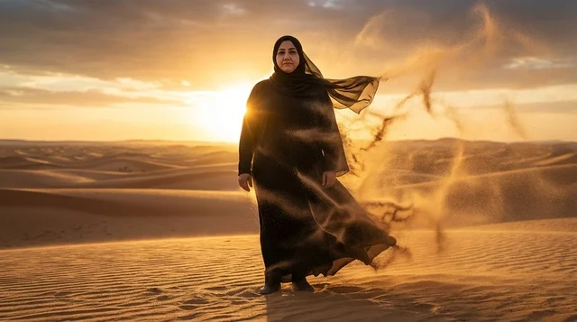 Emirati Woman in Abaya Standing in Desert Sunset