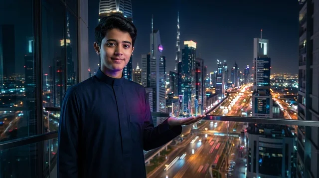 Emirati Man with Hologram City in Night Dubai
