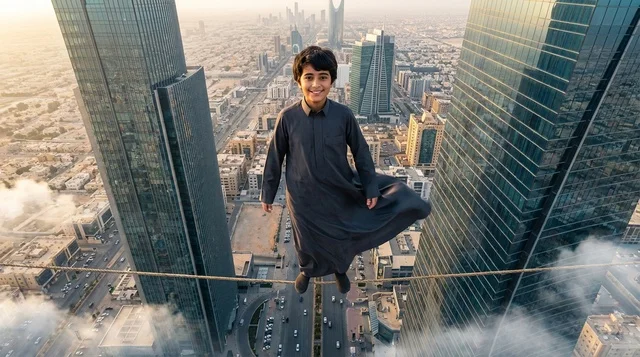 Saudi Boy Walking on Tightrope over Riyadh Skyline