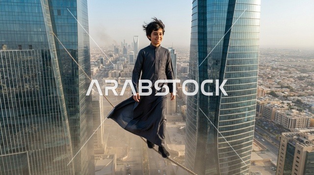 فتى سعودي يرتدي الثوب يمشي على حبل فوق مدينة الرياض