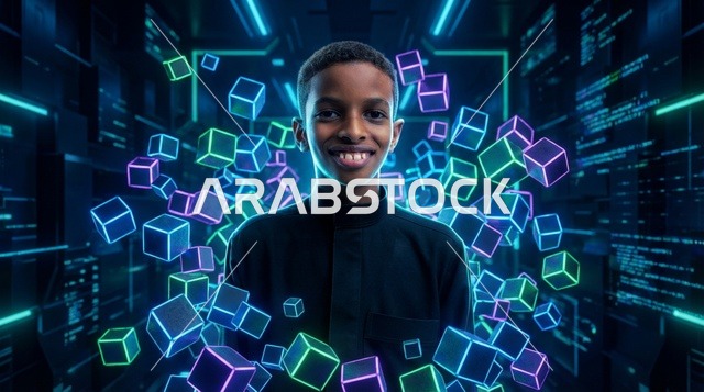 طفل سعودي بالثوب الأسود في بيئة رقمية مستقبلية