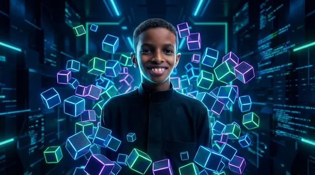 Saudi Boy in Black Thobe with Futuristic Digital Data
