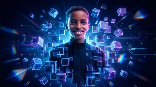 African Boy with Digital Futuristic Cubes Background