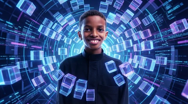 Saudi Boy in Black Thobe with Futuristic Digital Background