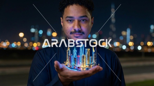 رجل عربي بالثوب يحمل مدينة هولوجرام ذكية