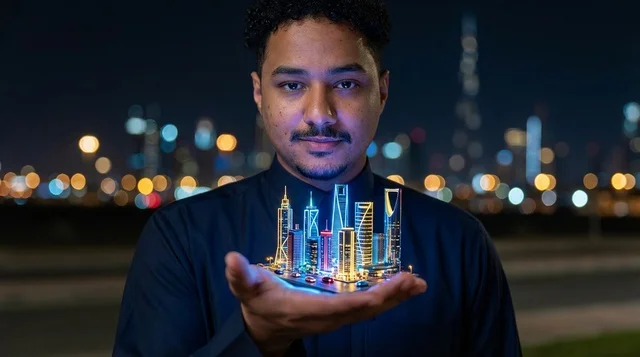 Arab Man in Thobe Holding Future Hologram City