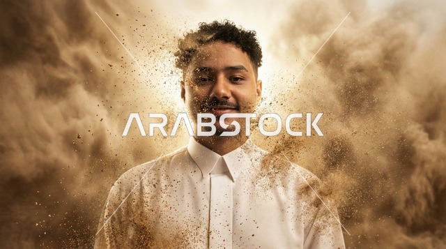 رجل سعودي بالثوب الأبيض في عاصفة رملية