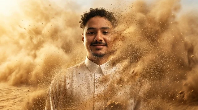 رجل سعودي بالثوب الأبيض وسط عاصفة رملية صحراوية