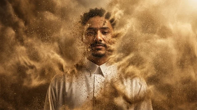 Saudi Man in White Thobe During Sandstorm