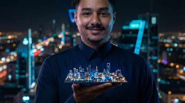 رجل سعودي يحمل نموذج هولوغرام لمدينة الرياض ليلاً