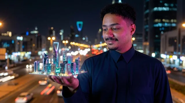 Arab Man Holding Riyadh City Model at Night Arab Man Holding Riyadh City Model at Night