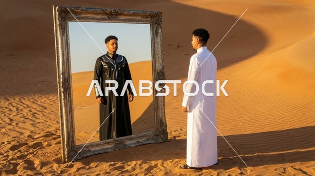 Emirati Man Mirror Reflection in Desert Sunset View