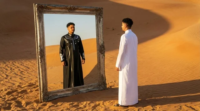 Emirati Man Mirror Reflection in Desert Sunset View