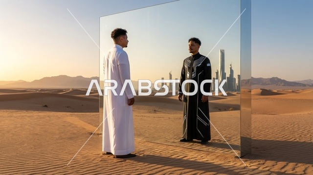 رجل إماراتي في الصحراء أمام انعكاس مدينة في المرآة