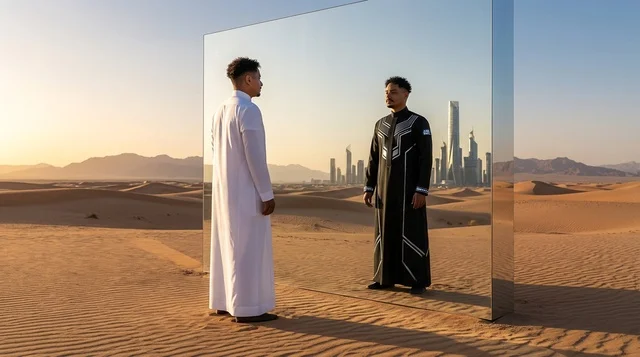 Emirati Man in Desert Facing Mirror Reflection of City