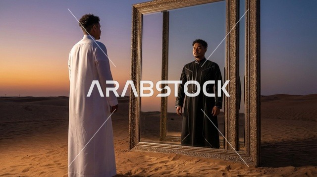 Saudi Man in Thobe Facing Mirror in Desert Sunset