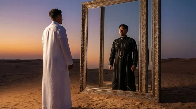 رجل سعودي بالثوب أمام مرآة في الصحراء وقت الغروب