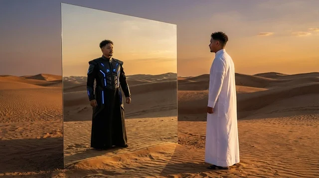 Saudi Man in Traditional Thobe Mirror Reflection Desert