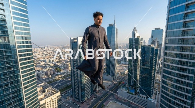 رجل عربي يتوازن على حبل بين ناطحات سحاب دبي