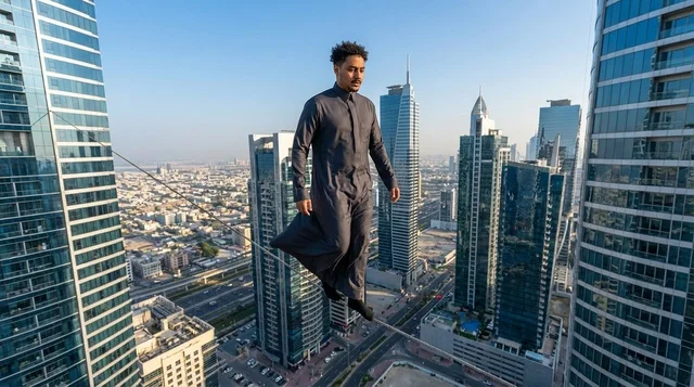 Arab Man Balancing on Tightrope Between Dubai Skyscrapers
