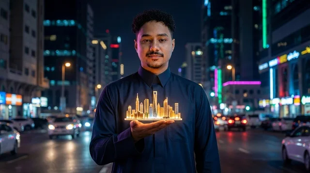 رجل سعودي يحمل مجسم مدينة مضيء في شارع ليلي