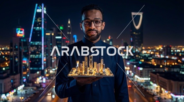 مهندس سعودي يحمل مجسم أفق مدينة الرياض