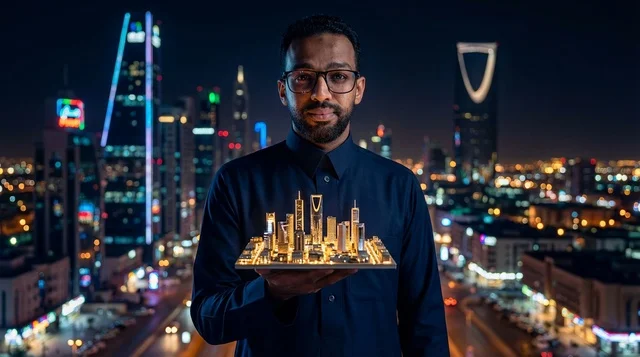 Saudi Architect Holding Riyadh City Skyline Model