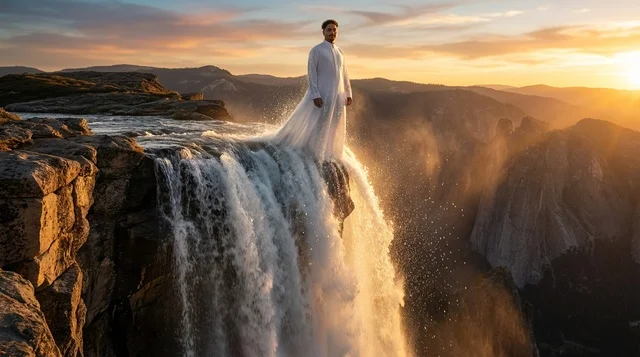 Saudi Man in Thobe at Mountain Waterfall Sunset
