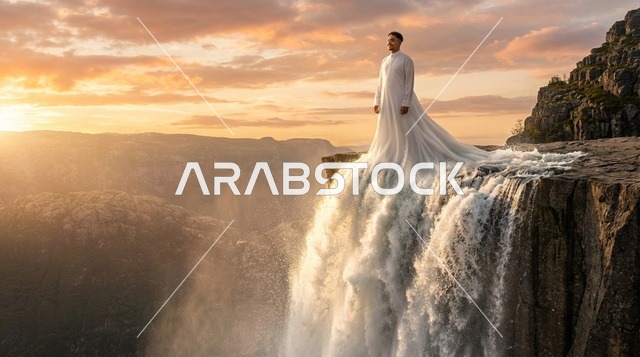 رجل سعودي بالثوب الأبيض عند شلال وقت الغروب
