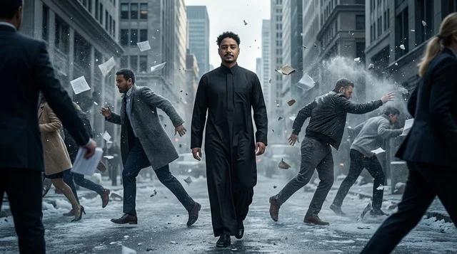 Saudi Man in Black Thobe in Chaotic City Street