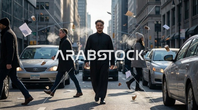 رجل سعودي بالثوب الأسود يسير في شوارع نيويورك