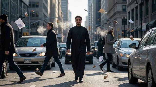 Saudi Man in Black Thobe Walking New York City Street Saudi Man in Black Thobe Walking New York City Street