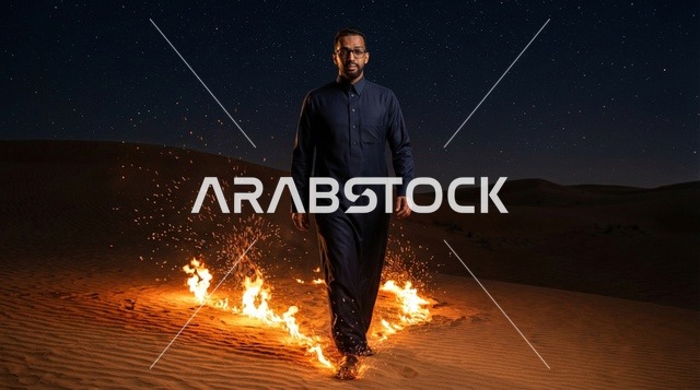 رجل سعودي بالثوب يمشي وسط النار في الصحراء