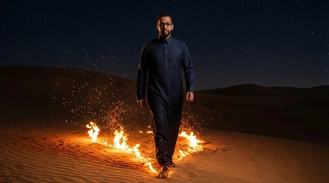 رجل سعودي بالثوب يمشي وسط النار في الصحراء