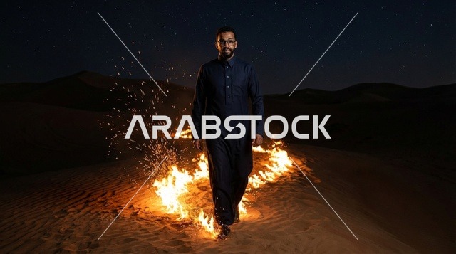 رجل سعودي يمشي في الصحراء مع النيران ليلاً