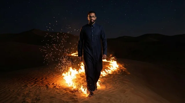 Saudi Man Walking in Desert with Fire at Night