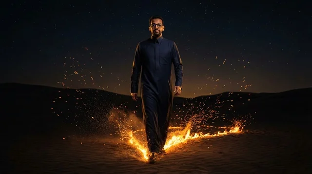Saudi Man in Thobe Walking Through Desert Fire at Night