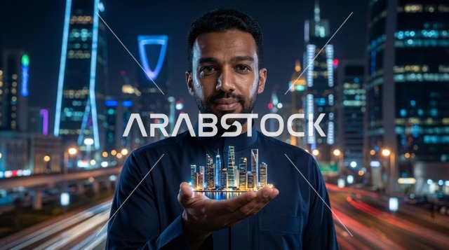 رجل سعودي بالثوب يحمل نموذج مدينة في الرياض ليلاً