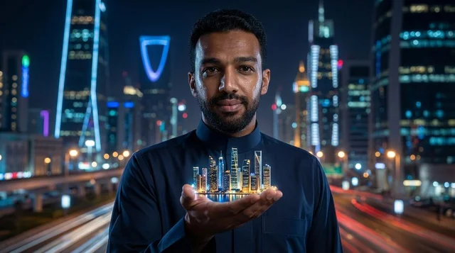 رجل سعودي بالثوب يحمل نموذج مدينة في الرياض ليلاً