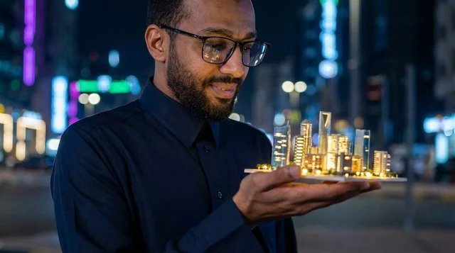 Saudi Man Holding Illuminated Miniature City Model