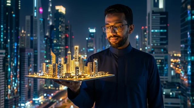 رجل إماراتي يحمل مجسم مدينة دبي المضيء ليلاً