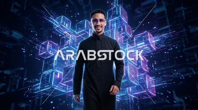 رجل سعودي بالثوب مع مكعبات بيانات رقمية