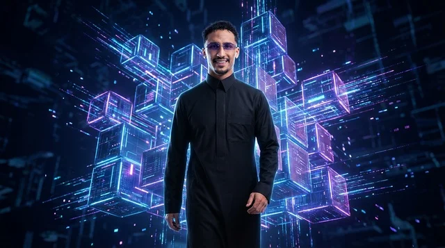 رجل سعودي بالثوب مع مكعبات بيانات رقمية