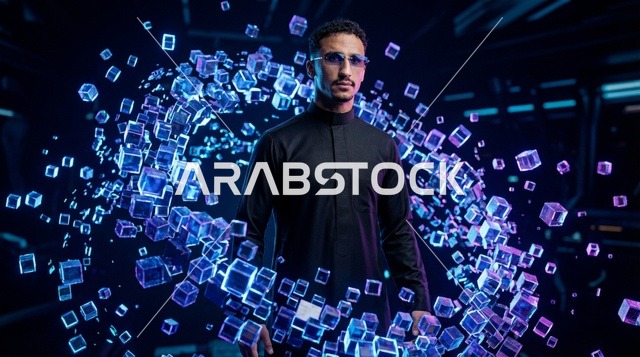رجل سعودي بالثوب الأسود مع مكعبات بيانات رقمية