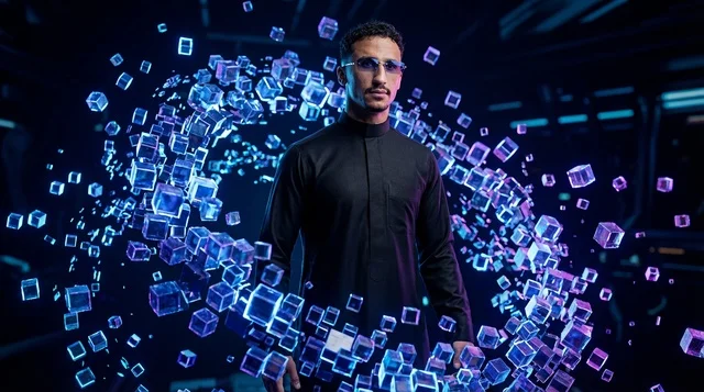 Saudi Man in Black Thobe with Digital Data Cubes