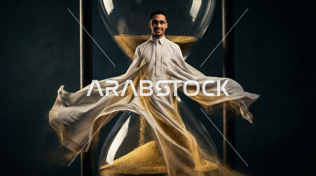 رجل سعودي بالثوب الأبيض داخل ساعة رملية